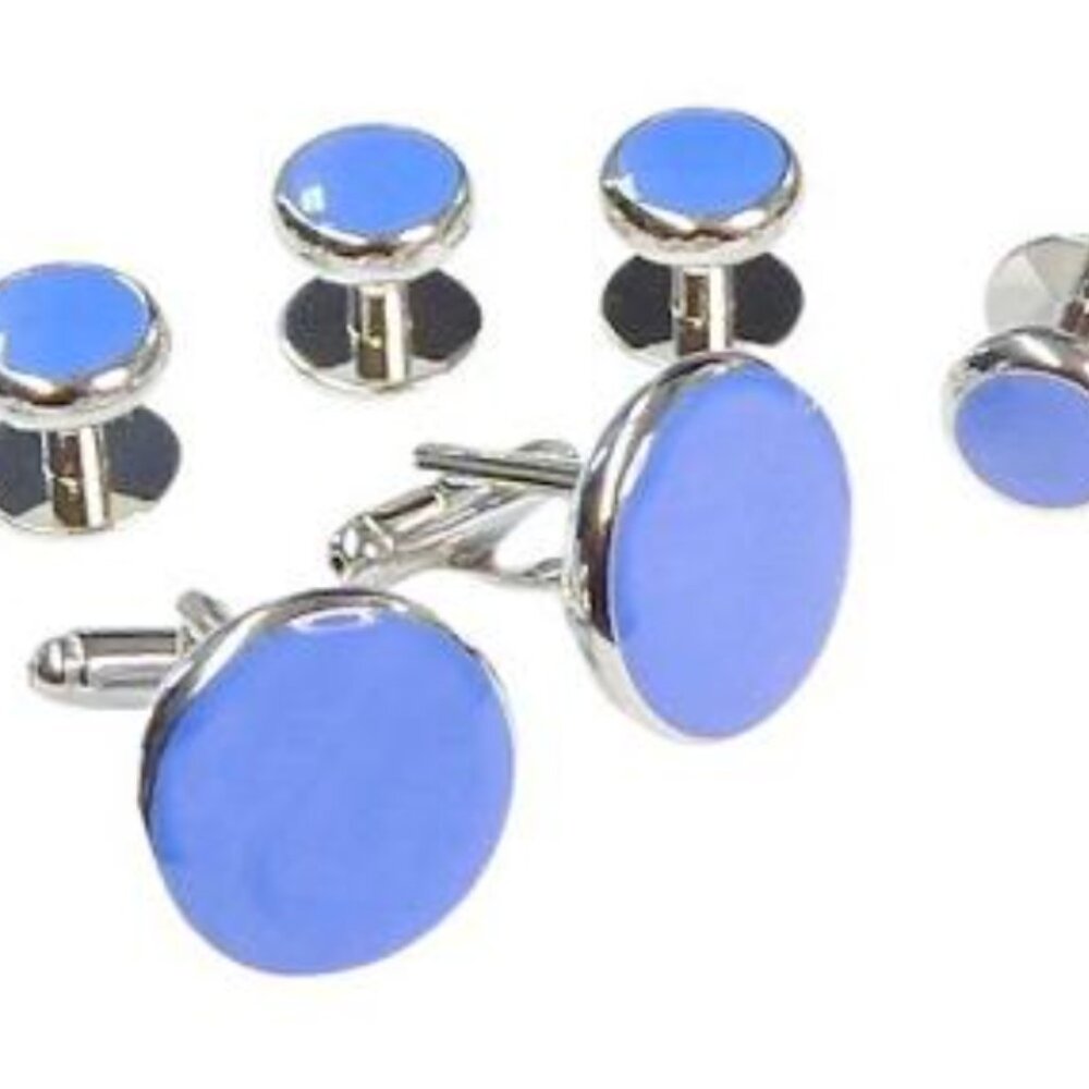 Basic Round Sky Blue Rhodium Setting Cufflinks and Studs Big n Tall
